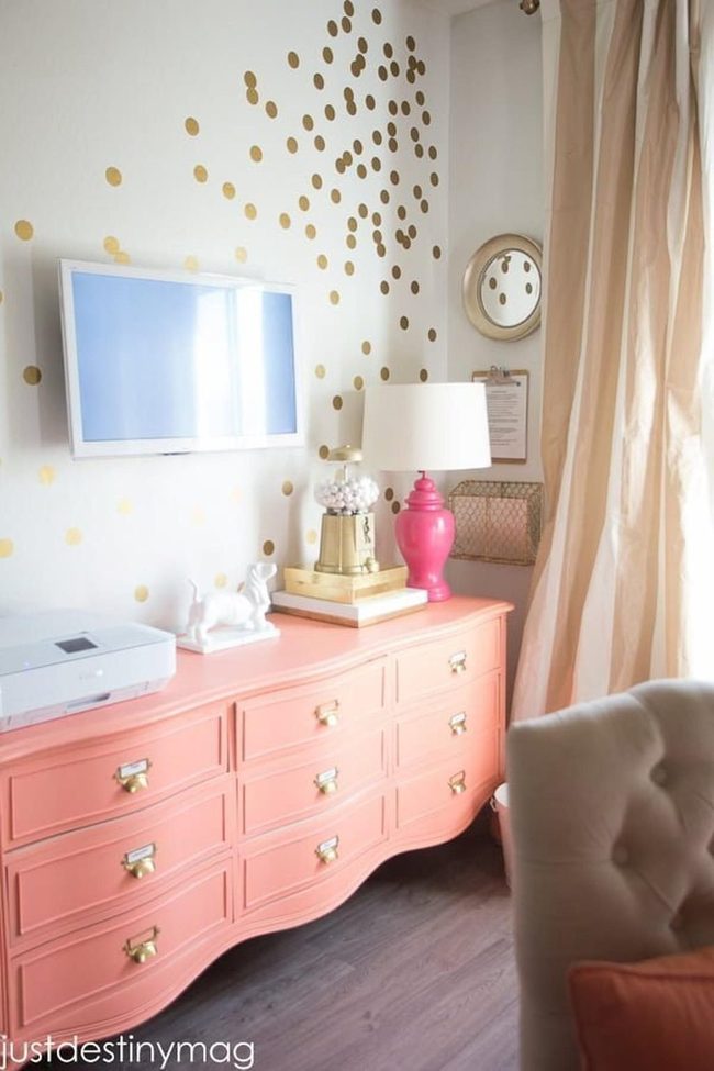 Coral Dresser Gold Polka Dots