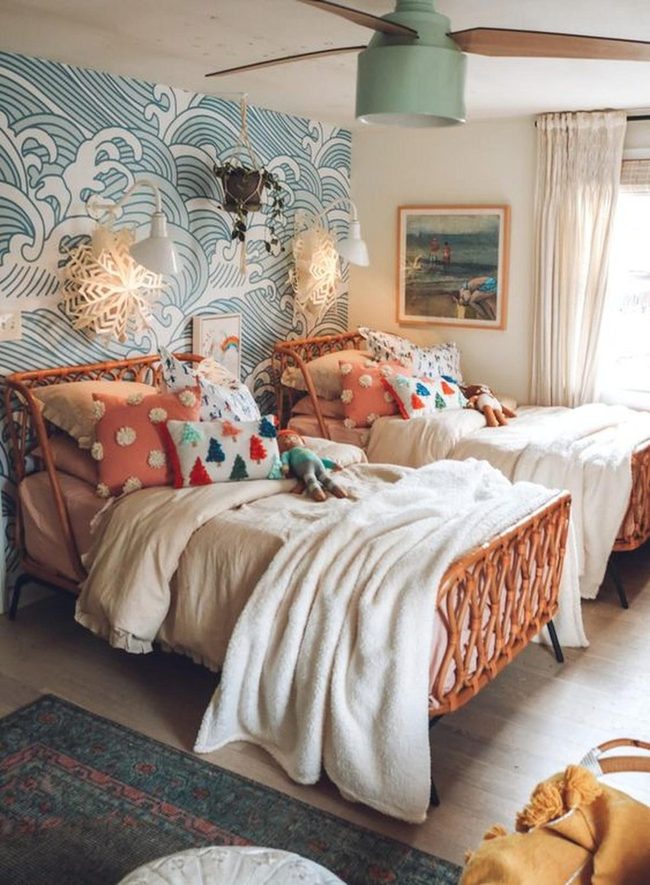 Wicker Beds With Blue Wave Walls