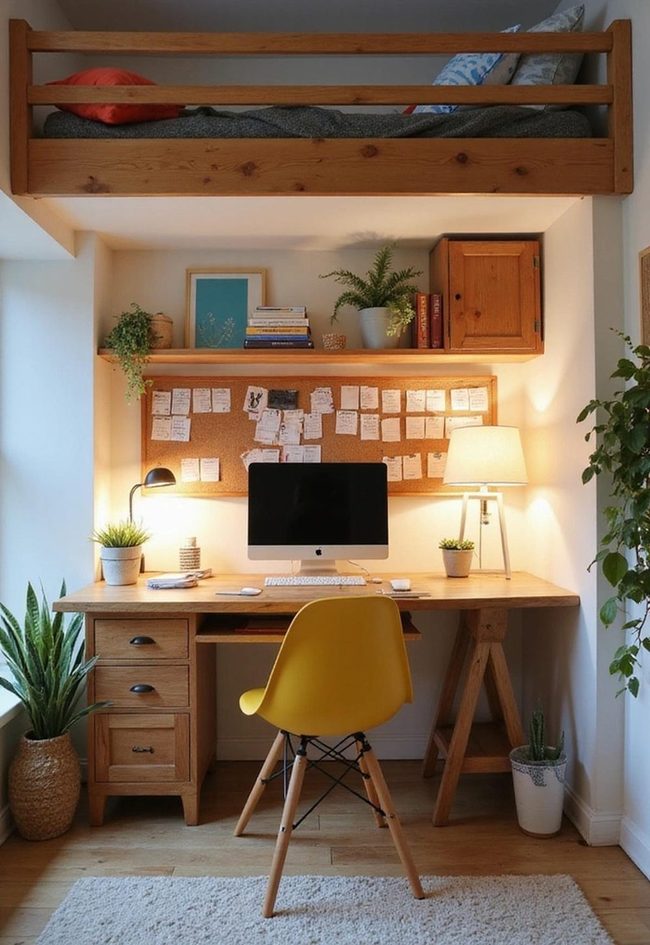 Loft Bed Workspace Under Ceiling