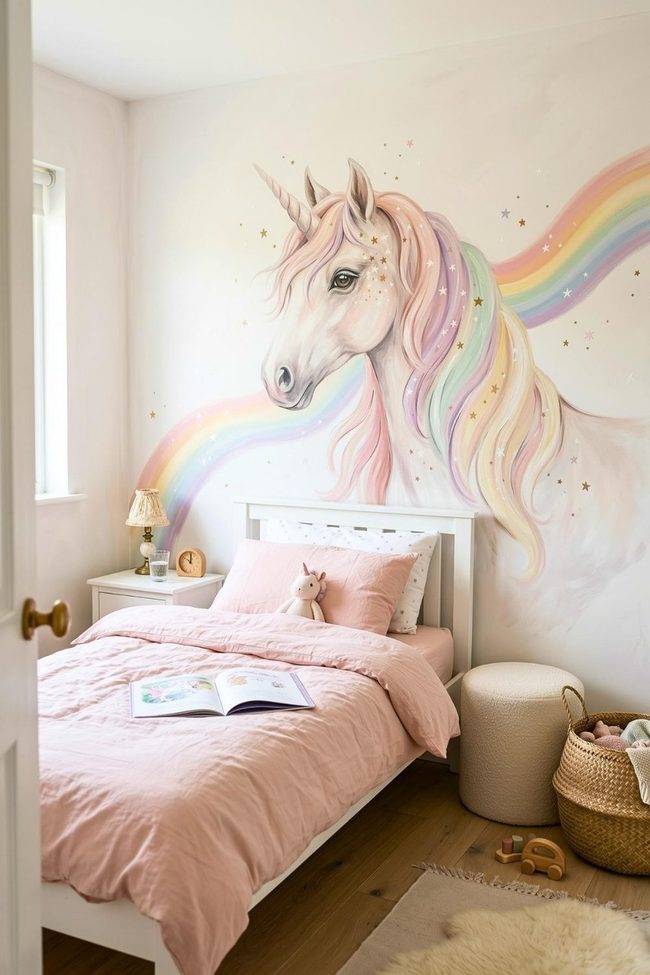 Hand-Painted Unicorn Rainbow Wall