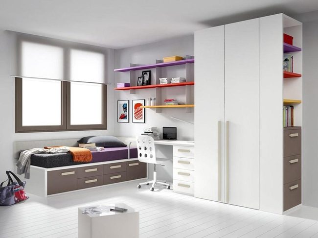 Orange-Accented Bed With Floating Shelves