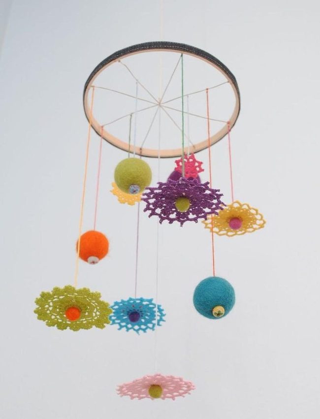 Crochet Flowers Wooden Mobile