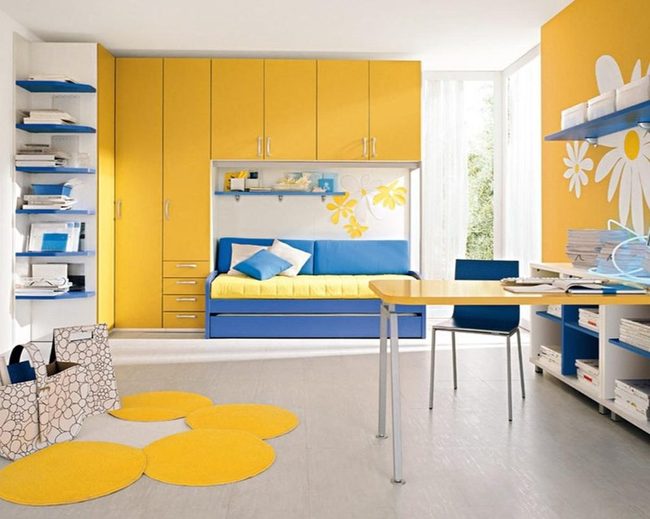 Yellow Bedroom With Blue Accents