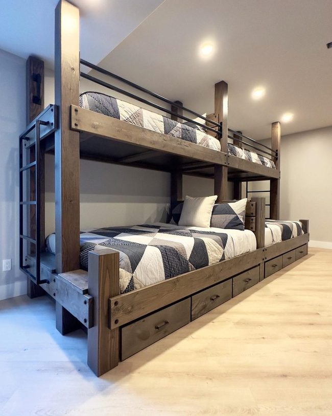 Wooden Bunk Beds, Geometric Bedding