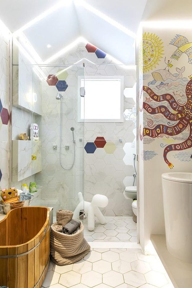White Hexagon Tiles With Colorful Accents