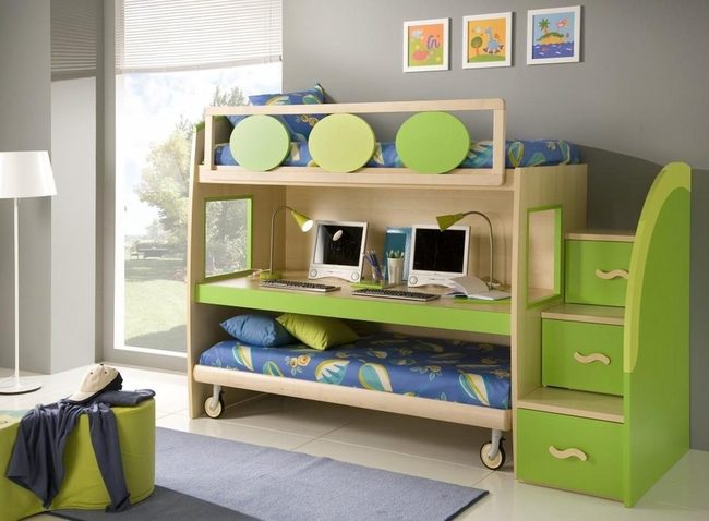 Green Circle Bunk With Built-In Desk