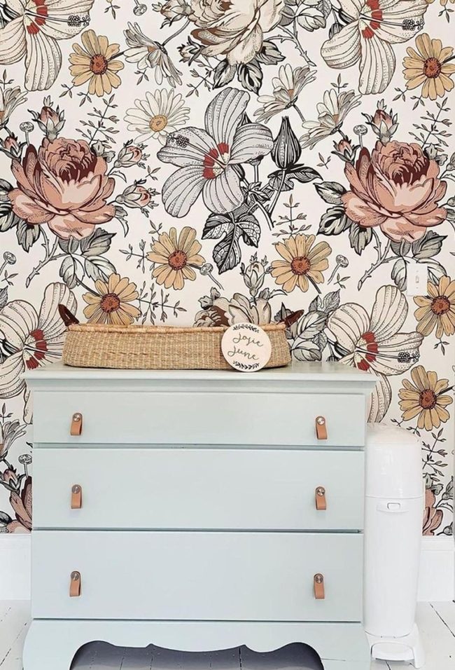 Blue Dressers Brown Floral Walls