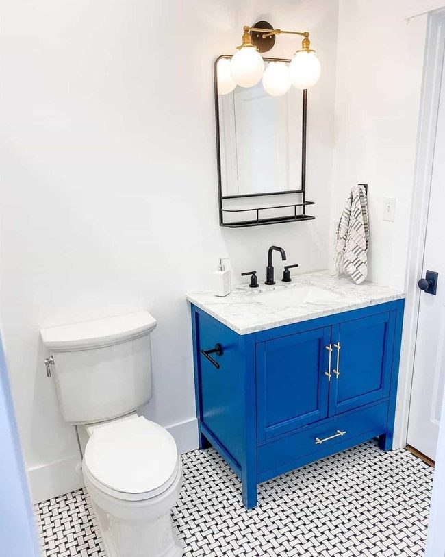 Blue Vanity, Woven Tile Bathroom