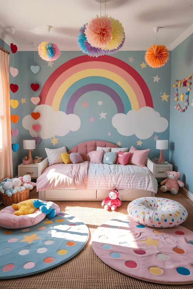 Rainbow Mural Wall With Floating Clouds