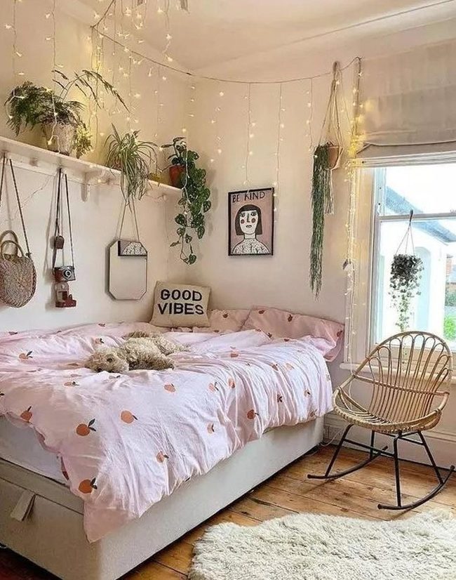 Pink Fruit Bedding, Green Plants, Wooden Floors