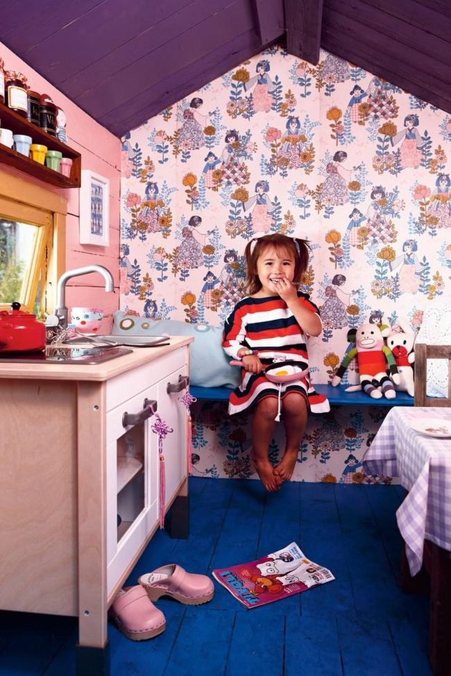 Red Striped Dress, Blue Wooden Bench