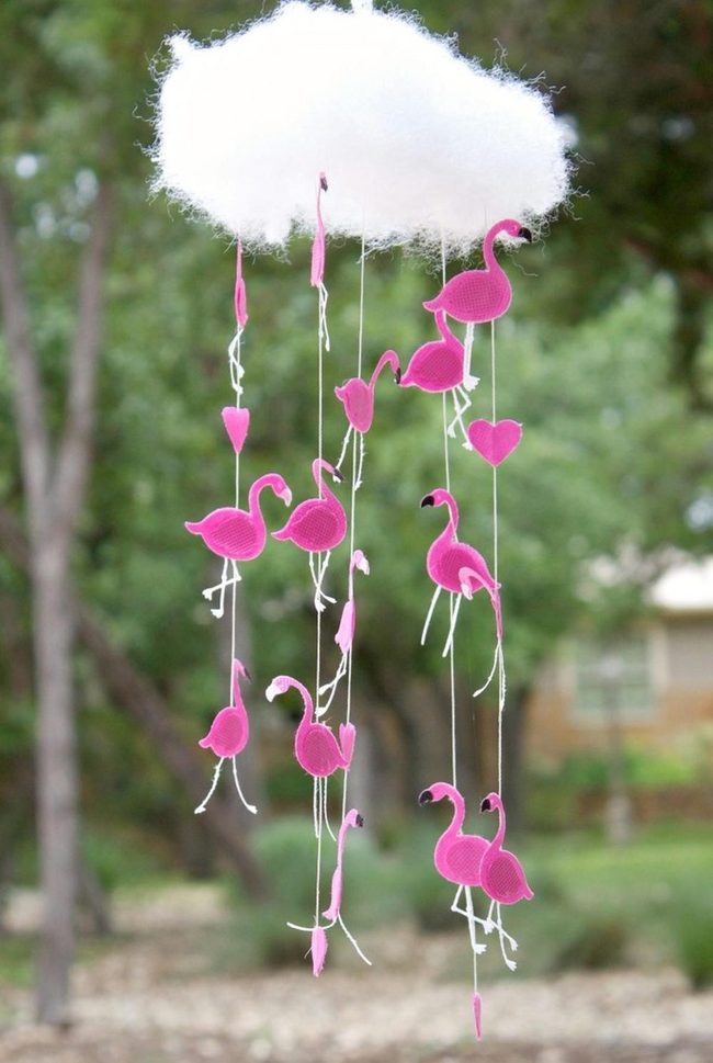 Pink Flamingos Among Floating Hearts