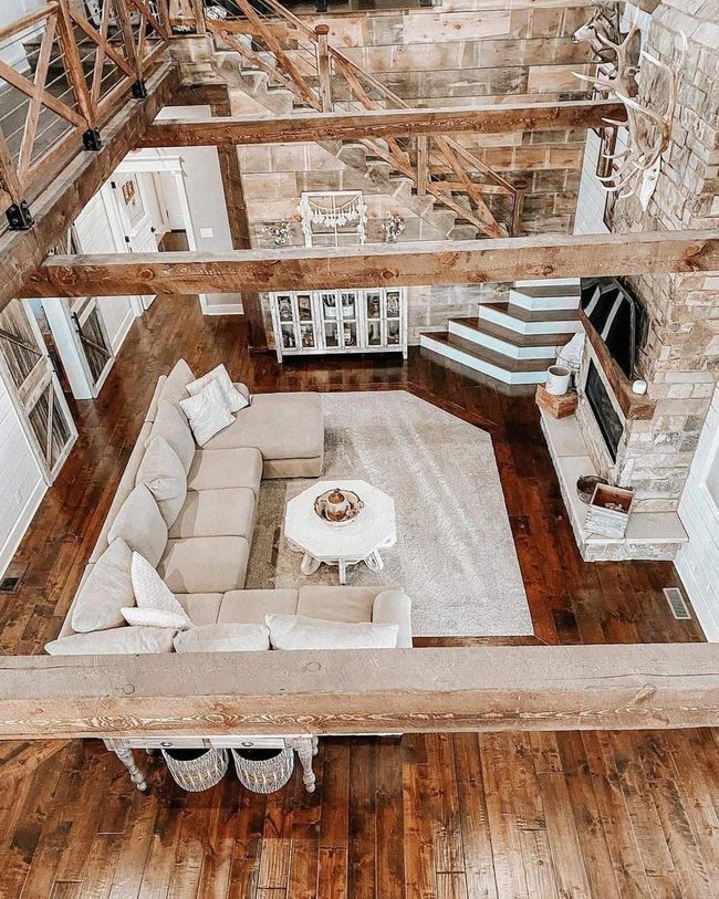 Wooden Beams Frame Stone Fireplace