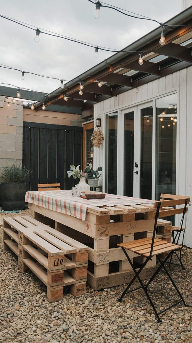Pallet Tables with Painted Mismatched Chairs