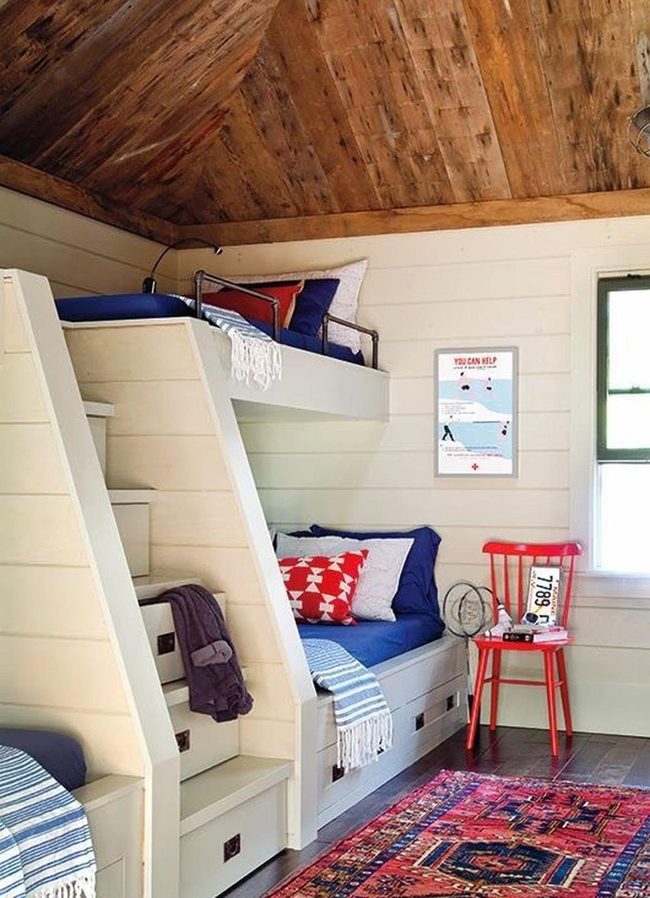 Red Chair, Blue Beds, Storage Stairs