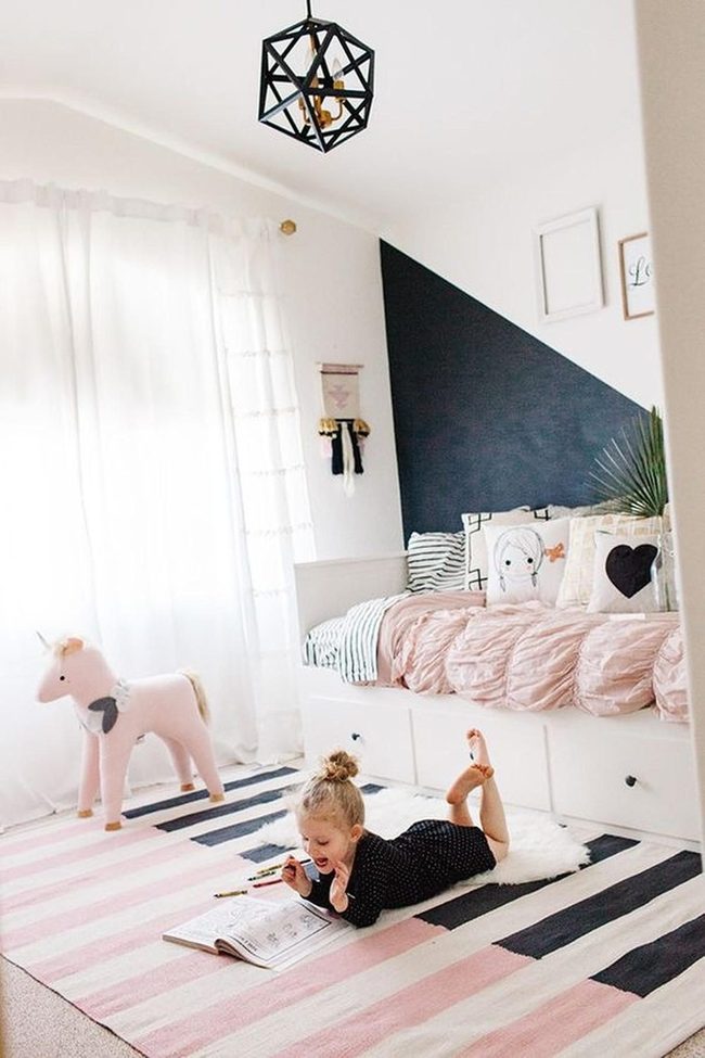 Pink Bedding Meets Geometric Wall