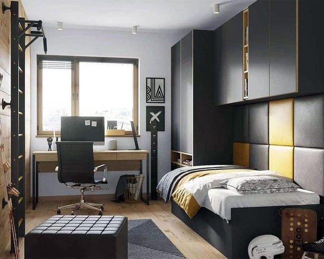 Black Bookcases, Warm Wood Contrast