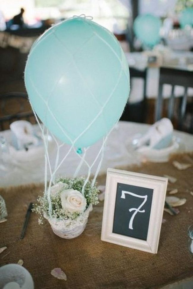 Light Blue Balloons, Burlap, White Flowers