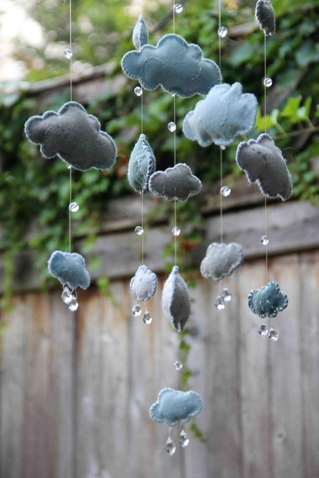 Blue Felt Clouds With Beaded Rain