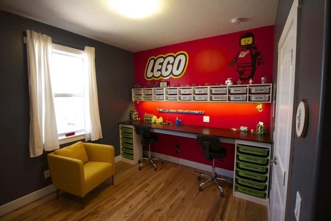 Red Lego Wall, Blue Office