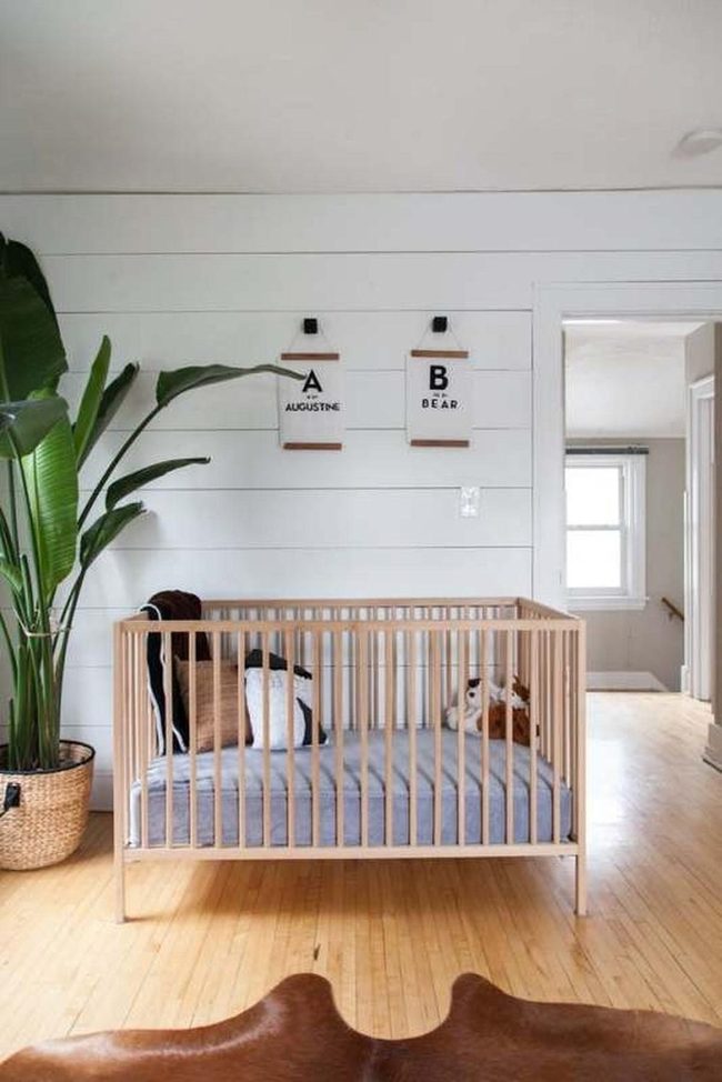 White Shiplap Nursery With Wood Crib