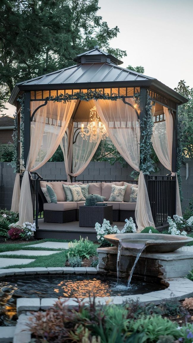 Chandelier-Lit Exterior Gazebo Retreat