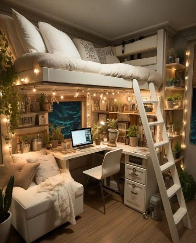 Loft Bed Study Nook with Plants