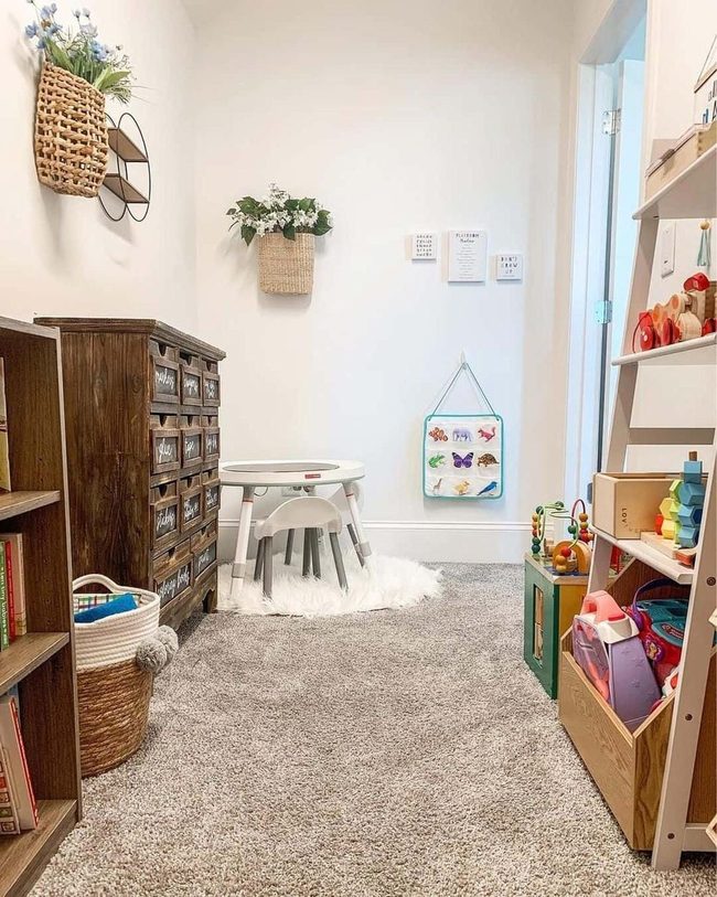 Colorful Wall Baskets Above Shelves
