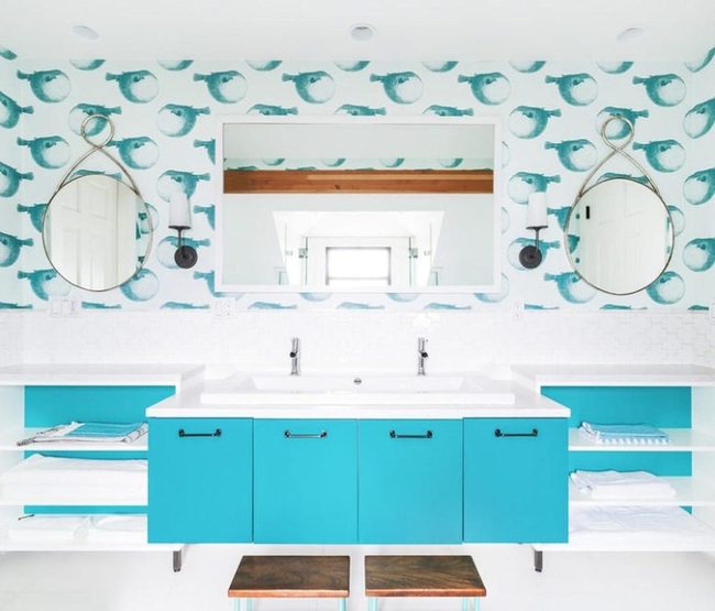 Blue Cabinets And Whale Wallpaper