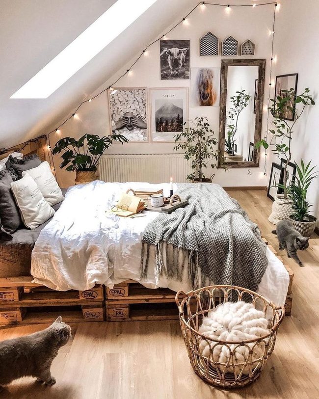 Golden String Lights Attic Bedroom