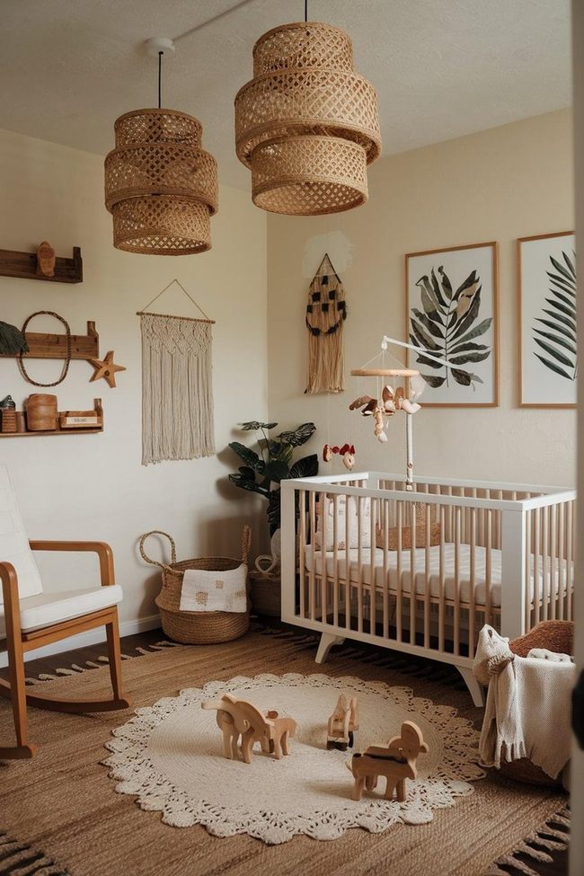 Woven Rattan Nursery with Earthy Wood