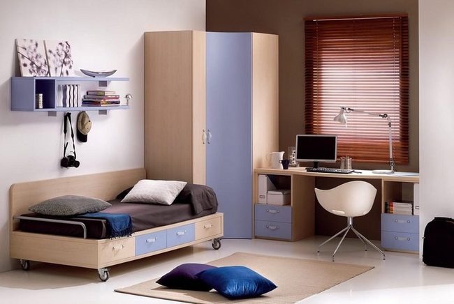 Blue Accents Light Wood Bedroom