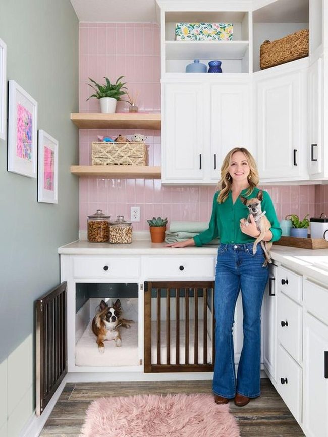 Pink Tile Kitchen With Dogs