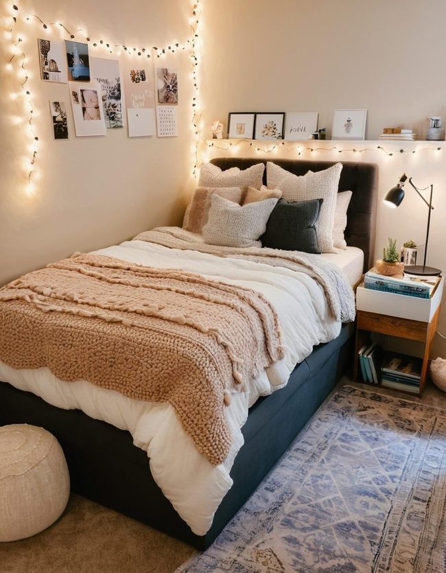 String Lanterns and Layered Blankets Transform Dorm Spaces