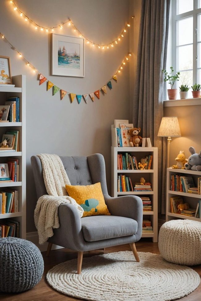 Armchair Corner with Storybooks and Soft Throws