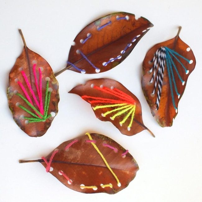 Embroidered Leaves In Rainbow Yarn