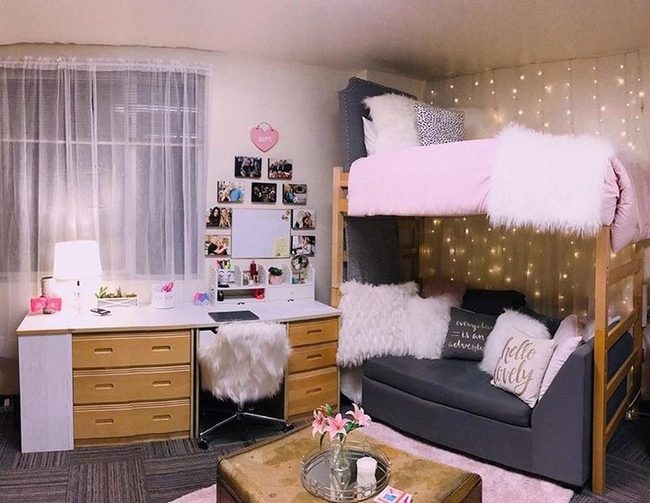Pink Loft Bedroom With String Lights