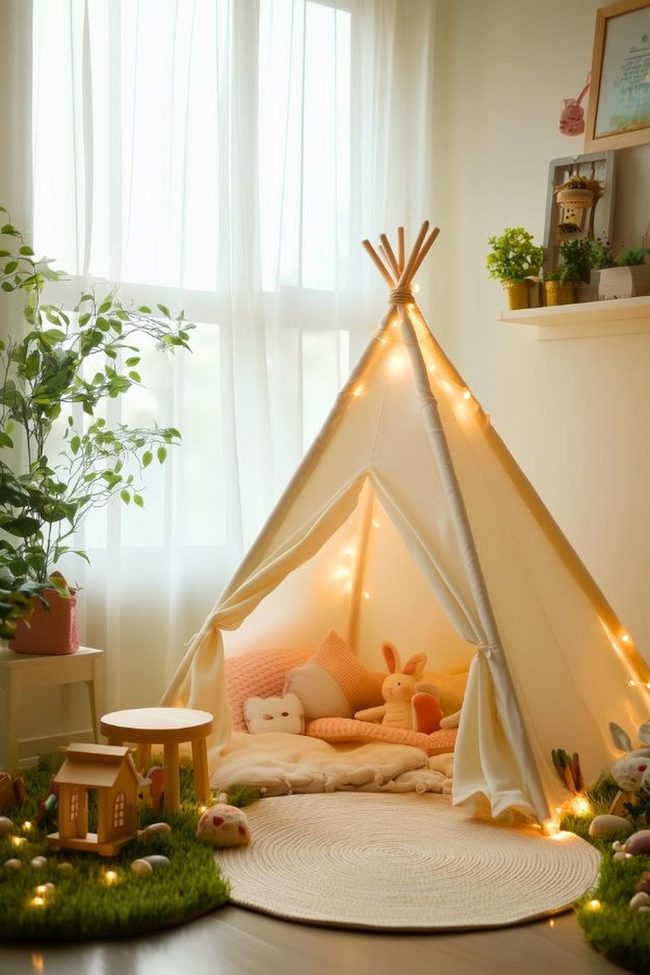 Cream Canvas Tent With String Lights