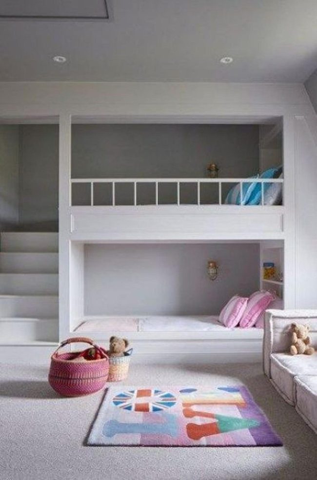 White Bunk Beds, Blue Pink Accents