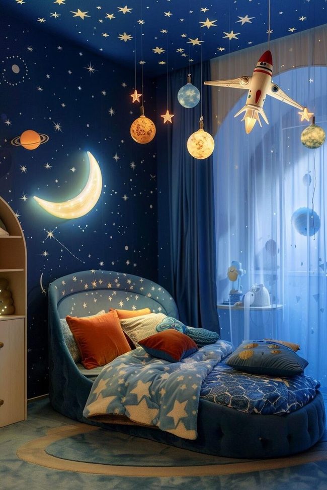 Dark Blue Bedroom With Glowing Stars
