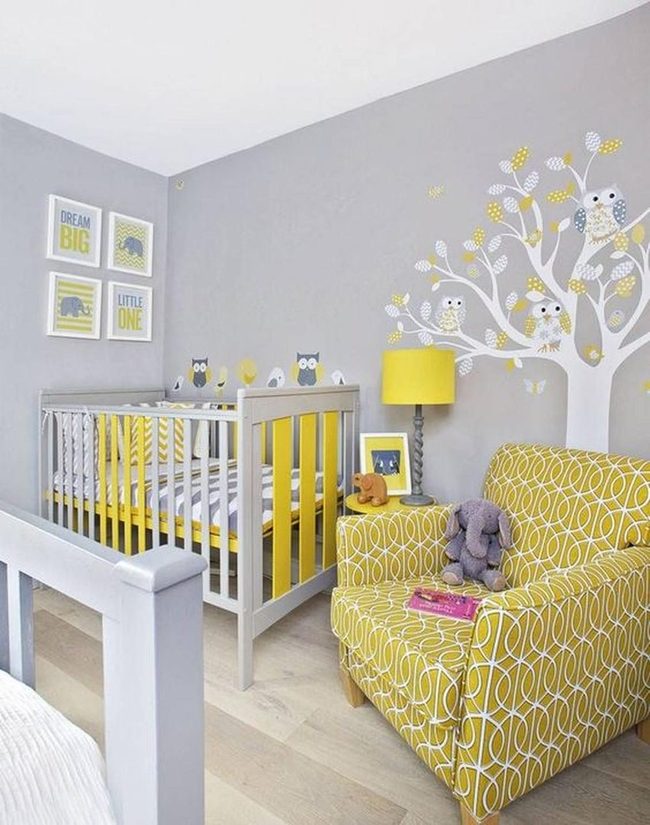 White Trees, Yellow Accents, Gray Walls