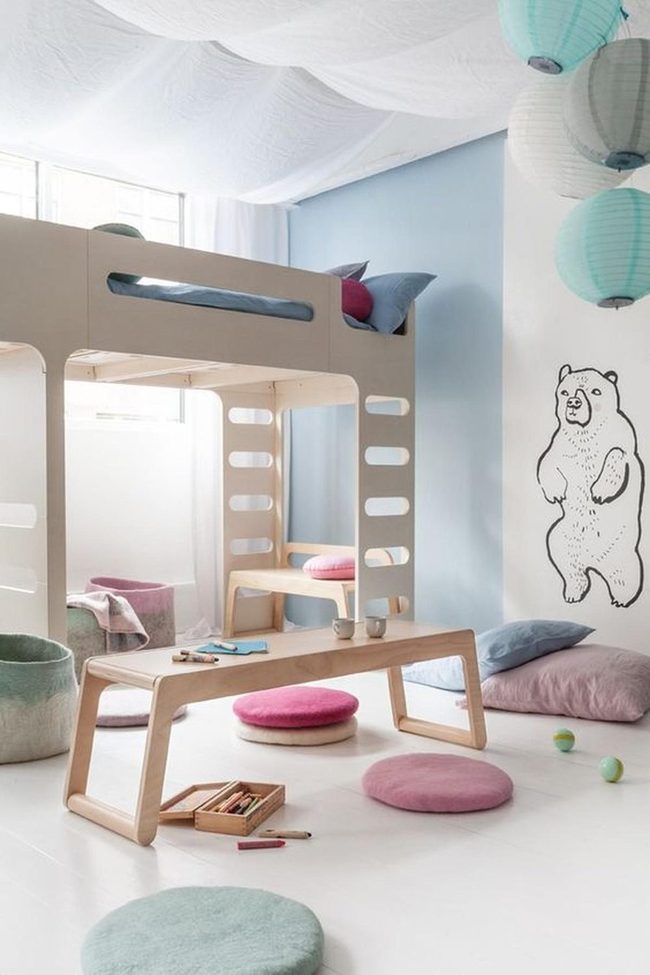 Blue Walls, Rainbow Pillows, Natural Light