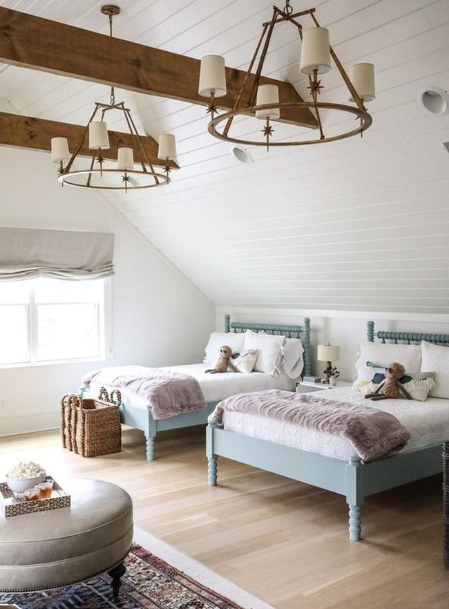 Sunlit Twin Bedroom With Wooden Beams