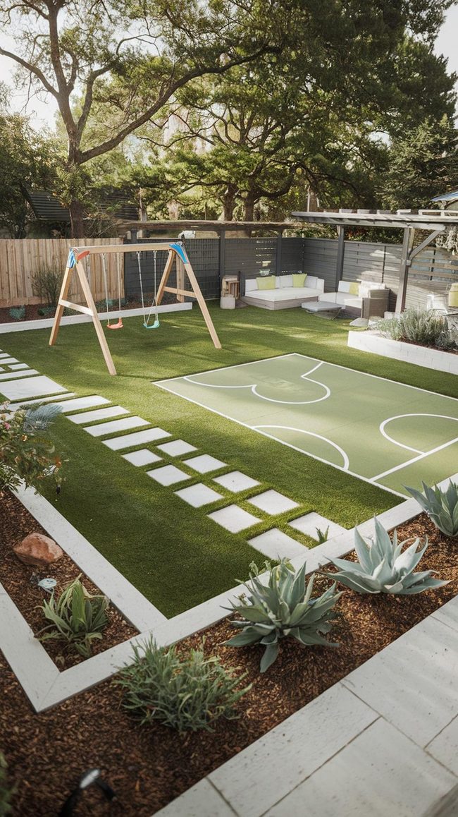 Bright Swing Set Centered Family Back Garden