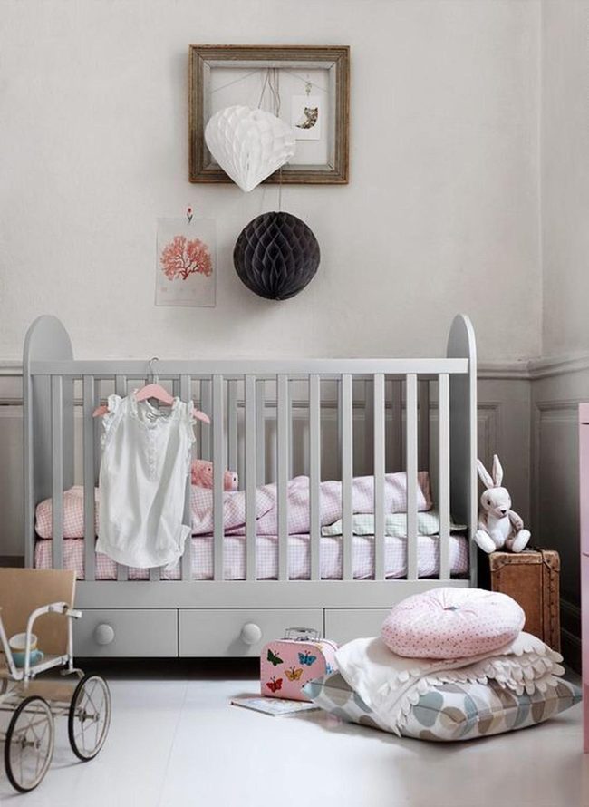 Pink Checked Crib, Gray Nursery