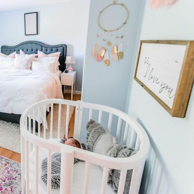 White Round Crib, Blue Walls