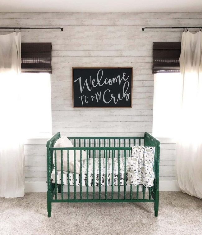 Dark Green Crib in Shiplap Nursery