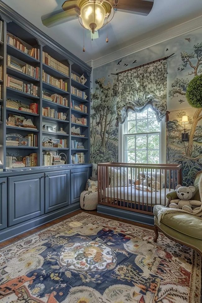 Soft Blue Nursery With Whimsical Trees