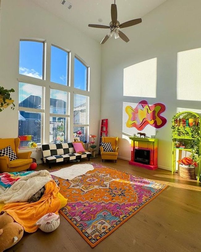 Orange Geometric Rug Brightens Modern Room