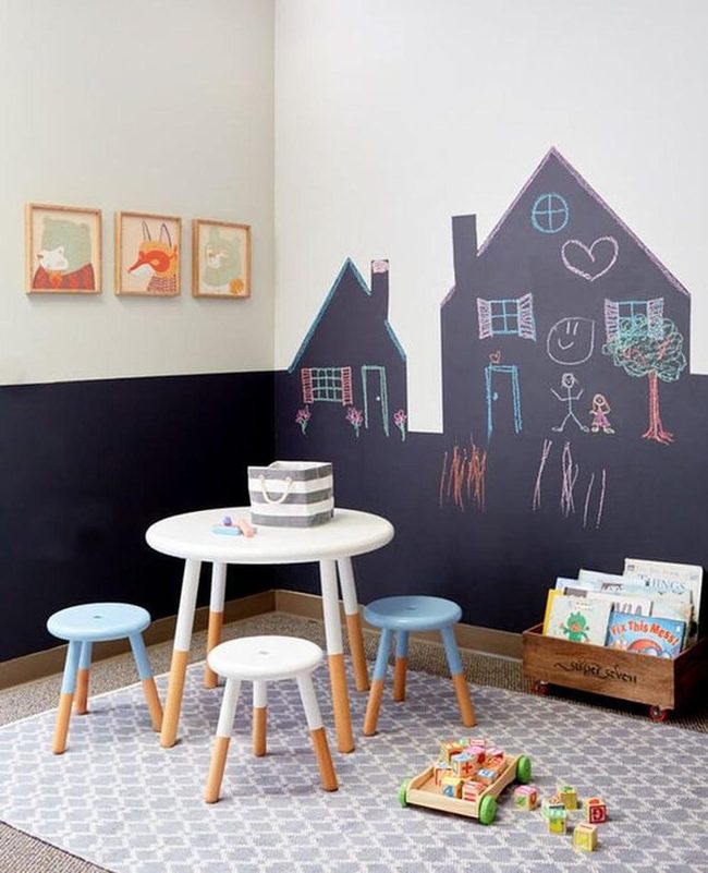 Chalkboard Playroom With Blue Stools